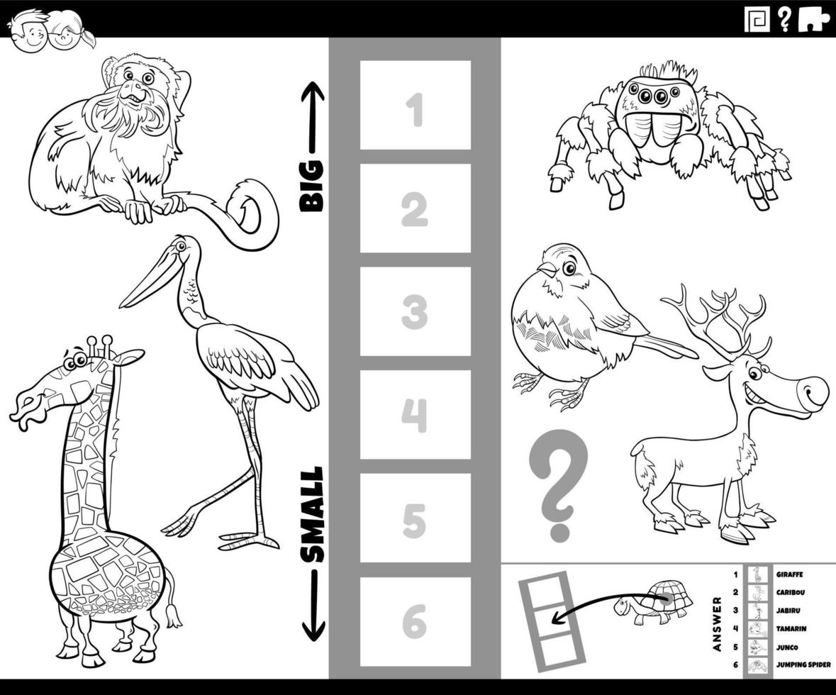 juego de dibujos animados de animales más grande y más pequeño página de libro para colorear vector