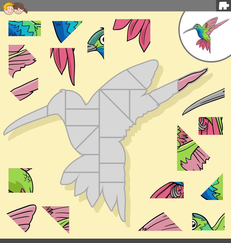 jigsaw puzzle game with cartoon hummingbird bird character vector