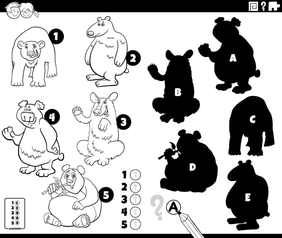 juego de sombras con osos animales página de libro para colorear vector