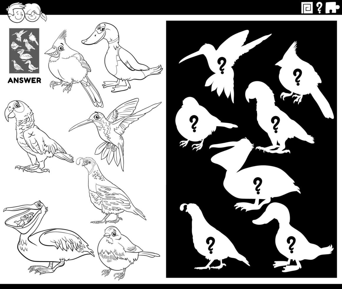 matching shapes game with cartoon birds coloring book page vector