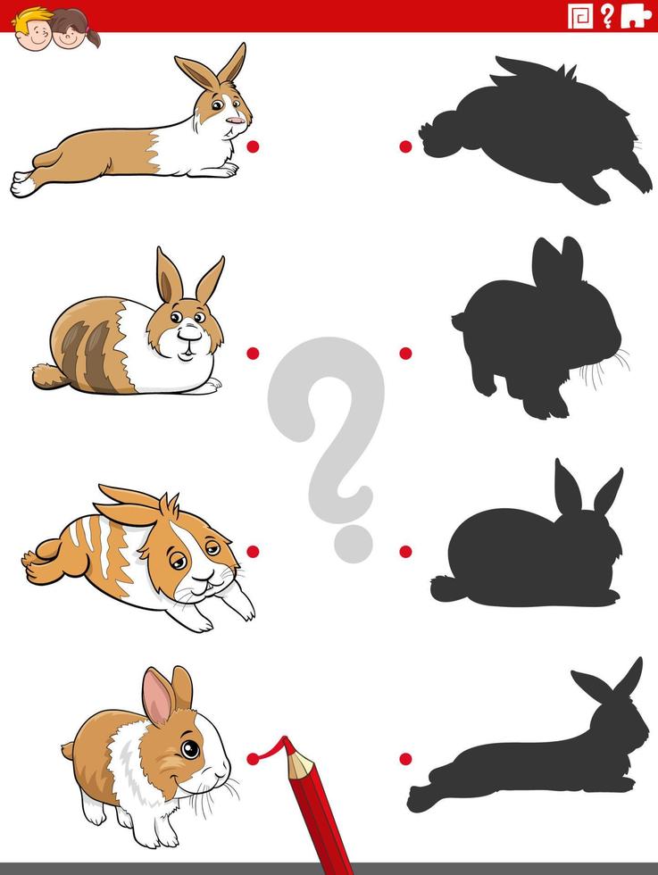juego educativo de sombras con conejos de dibujos animados vector