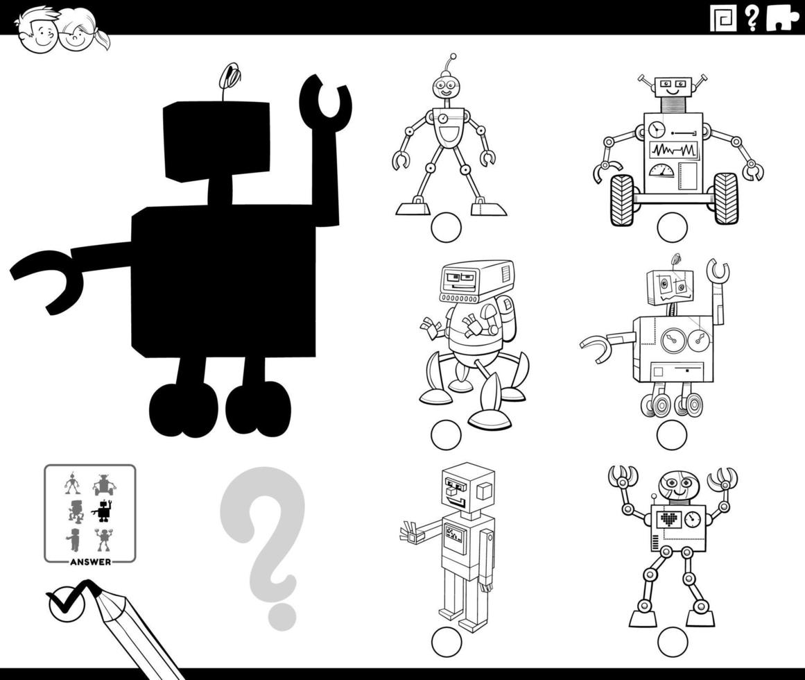 shadow task with cartoon robots coloring book page vector