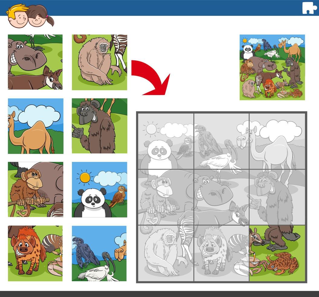 jigsaw puzzle game with cartoon animal characters vector