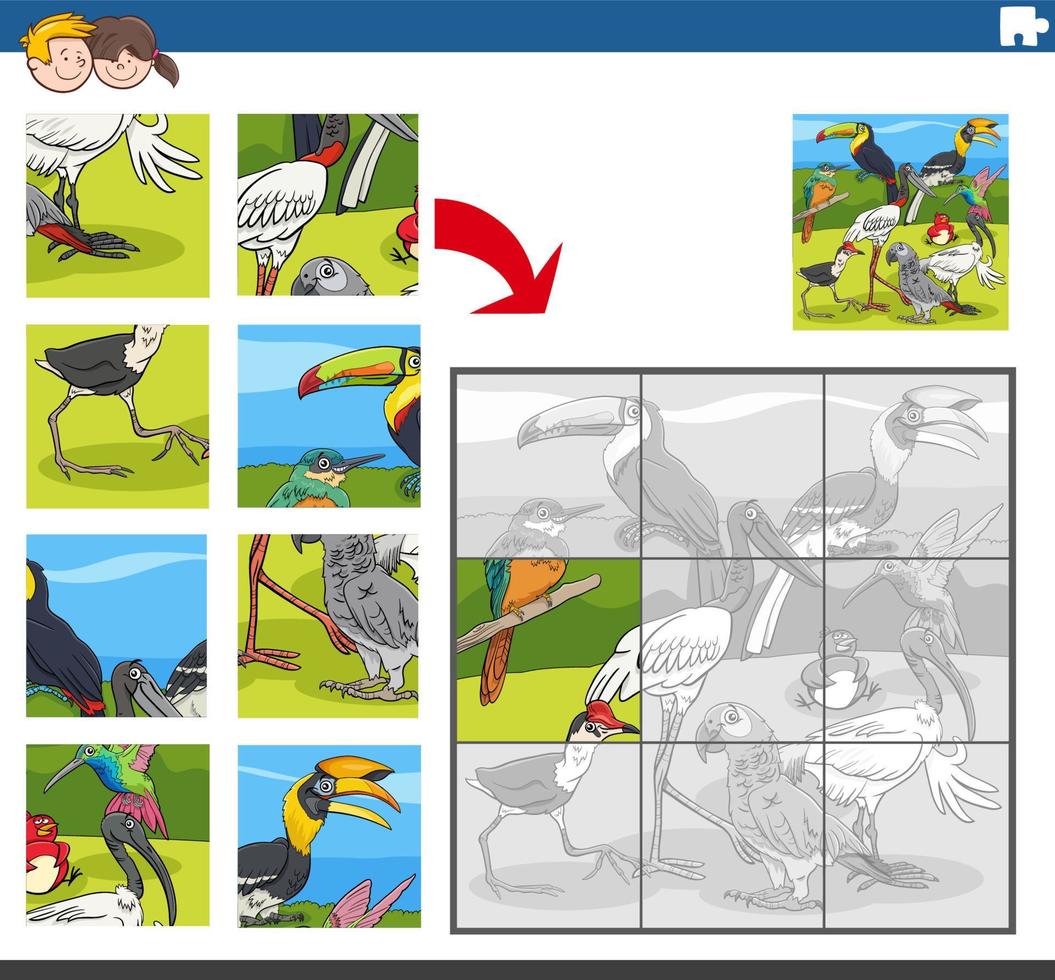 jigsaw puzzle task with cartoon birds animal characters vector