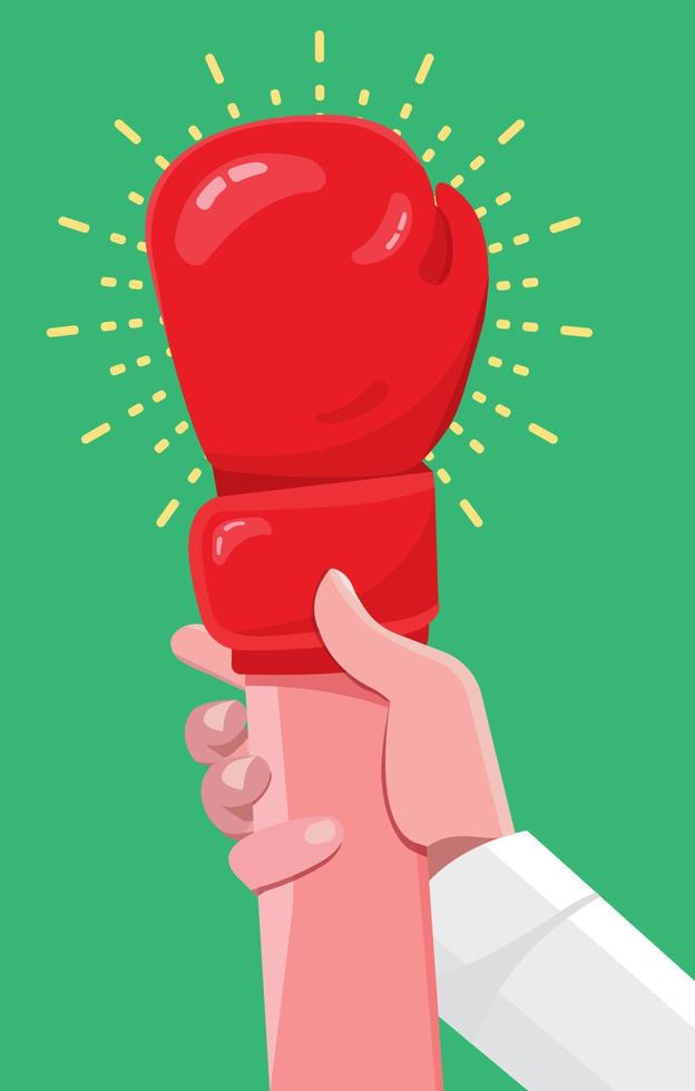 Boxing athlete with his hand in the air. The referee raises the hand of the winning boxing athlete. Red boxing gloves, Modern design icon. vector