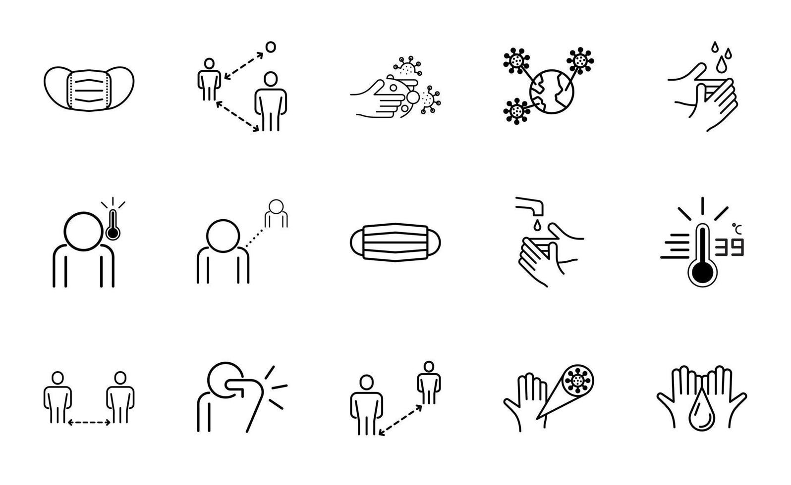 Simple Coronavirus Protection Related Vector Line Icons 15 icon set. Includes Icons such as Protective Measures, Coronavirus Symptoms, fever, mask, cough and more. Editable Stroke.