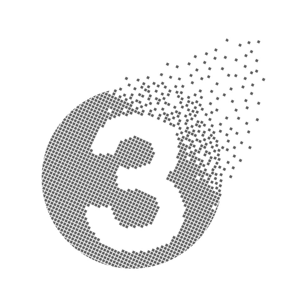 Round 3 number fast pixel dots. Three number-digit pixel art. Integrative pixel movement. Creative dissolved and dispersed moving dot art. Modern icon creative ports. Vector logotype design.