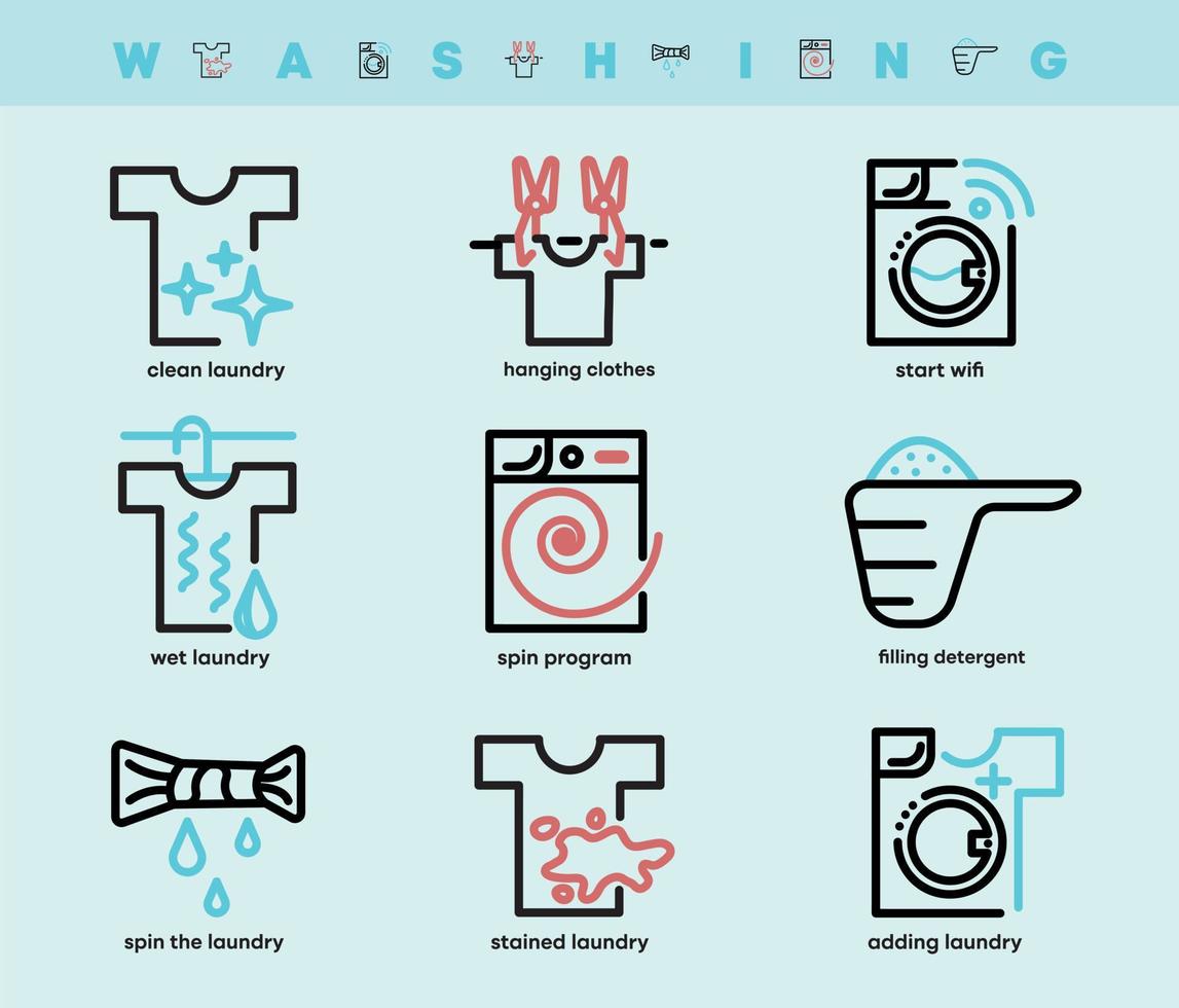 Set of washing and laundry icons. Such Icons include detergent container, hanging clothes, spinning clothes, wifi feature and so on. Colorful wash icon set. Editable Stroke. Logo, web and app. vector