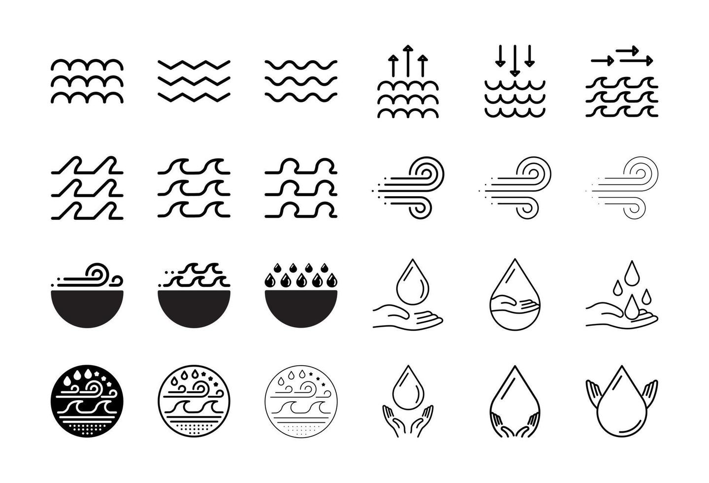 conjunto de 24 diseños de iconos con el mismo y diferente grosor de línea, como diferentes olas marinas, viento de agua, agua de mano, clima. diseño de logotipos, sitios web y diseños. vector