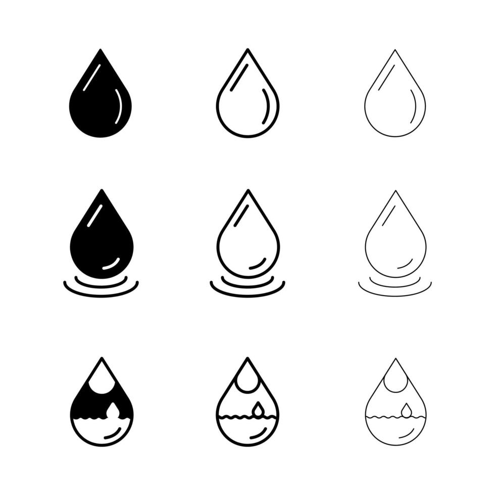 Set of water drop icons shot in 9 different thicknesses. Glowing water icon with water drop. Flat art modern vector icon illustration.