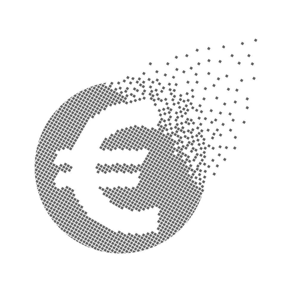 icono de puntos de píxeles rápidos de moneda euro. El píxel de la economía y la moneda comercial de Europa es plano y sólido. arte de punto móvil disuelto y disperso. movimiento integrador de píxeles. puertos de iconos modernos. vector