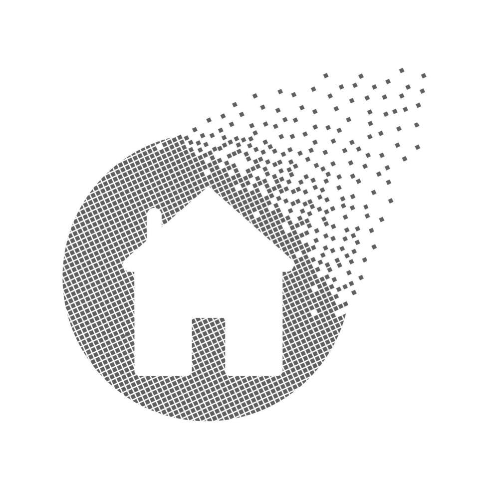 House sign pixel dots. Architecture, Investment and flimsy house pixel art. Integrative pixel movement. Creative dissolved moving dot art. Modern icon creative ports vector design.