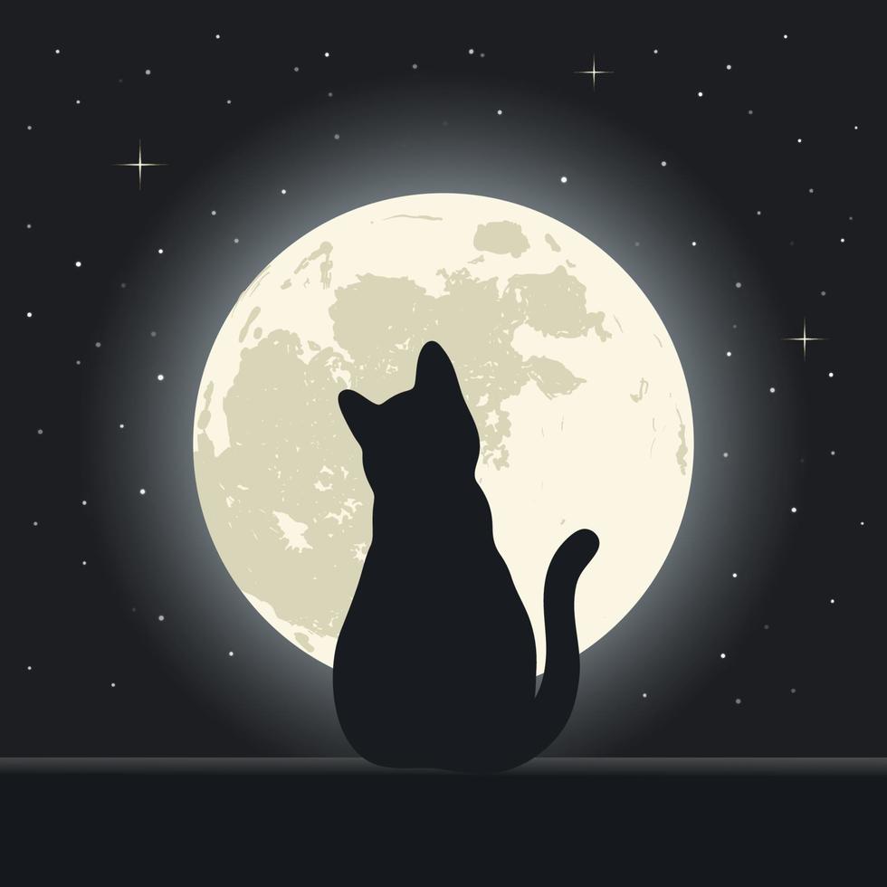 gato sobre un fondo del cielo nocturno con estrellas y la luna vector