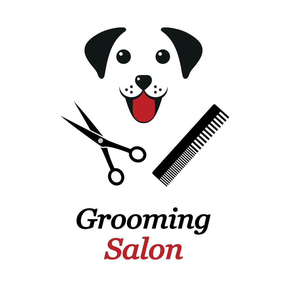 Dog grooming logo. Dog head with comb and scissors vector