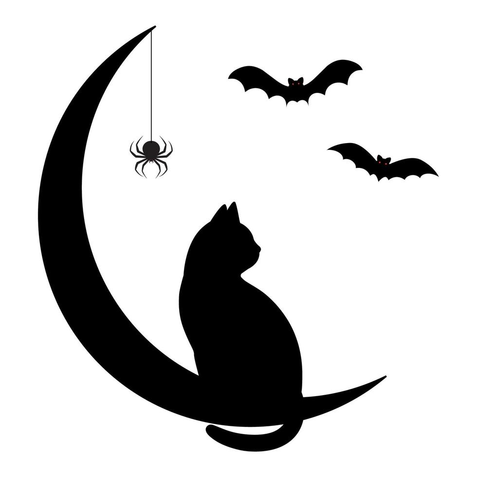 feliz ilustración de halloween. gato negro sentado en una luna creciente con arañas y murciélagos vector