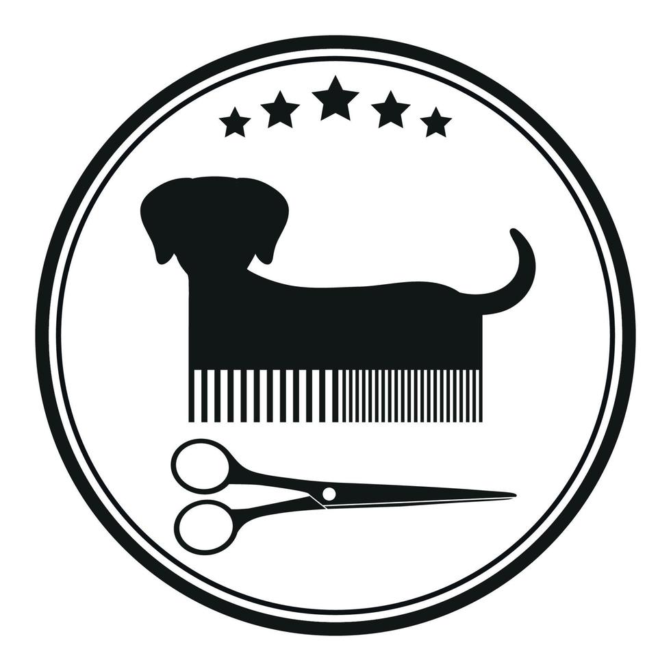 ilustración de emblema de corte de pelo animal. perro con peine y tijeras en círculo vector