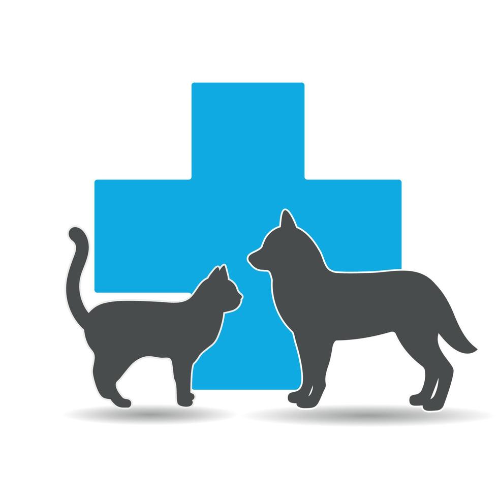 ilustración del logotipo de la clínica veterinaria con mascotas en el fondo de la cruz médica vector