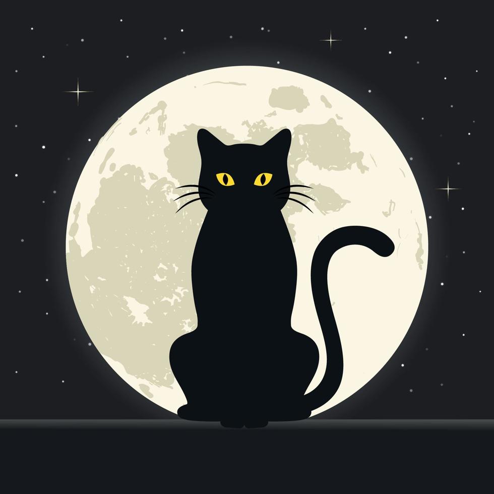 gato negro sobre un fondo del cielo nocturno con estrellas y la luna vector