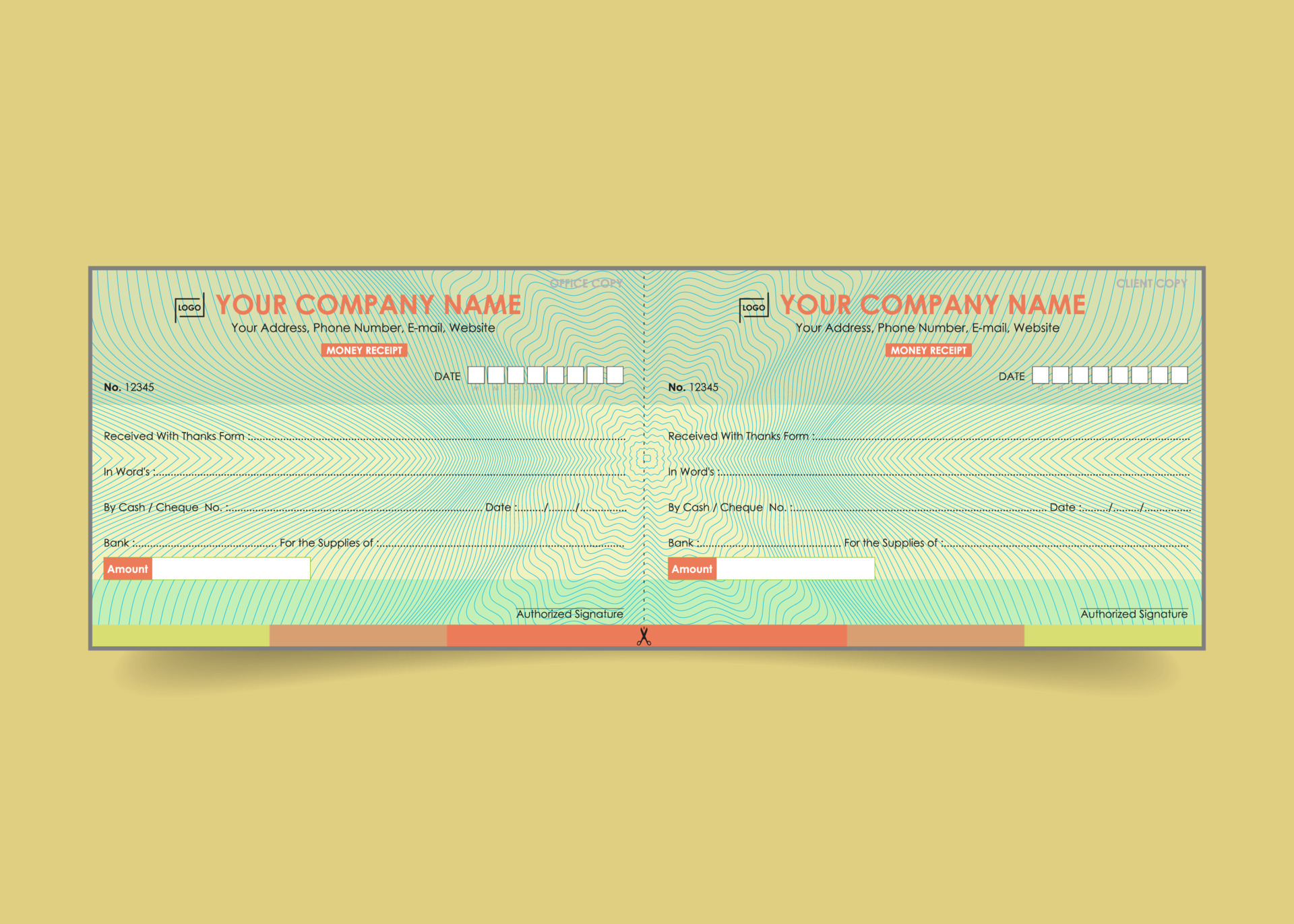 Money receipt template invoice cheque design with security line