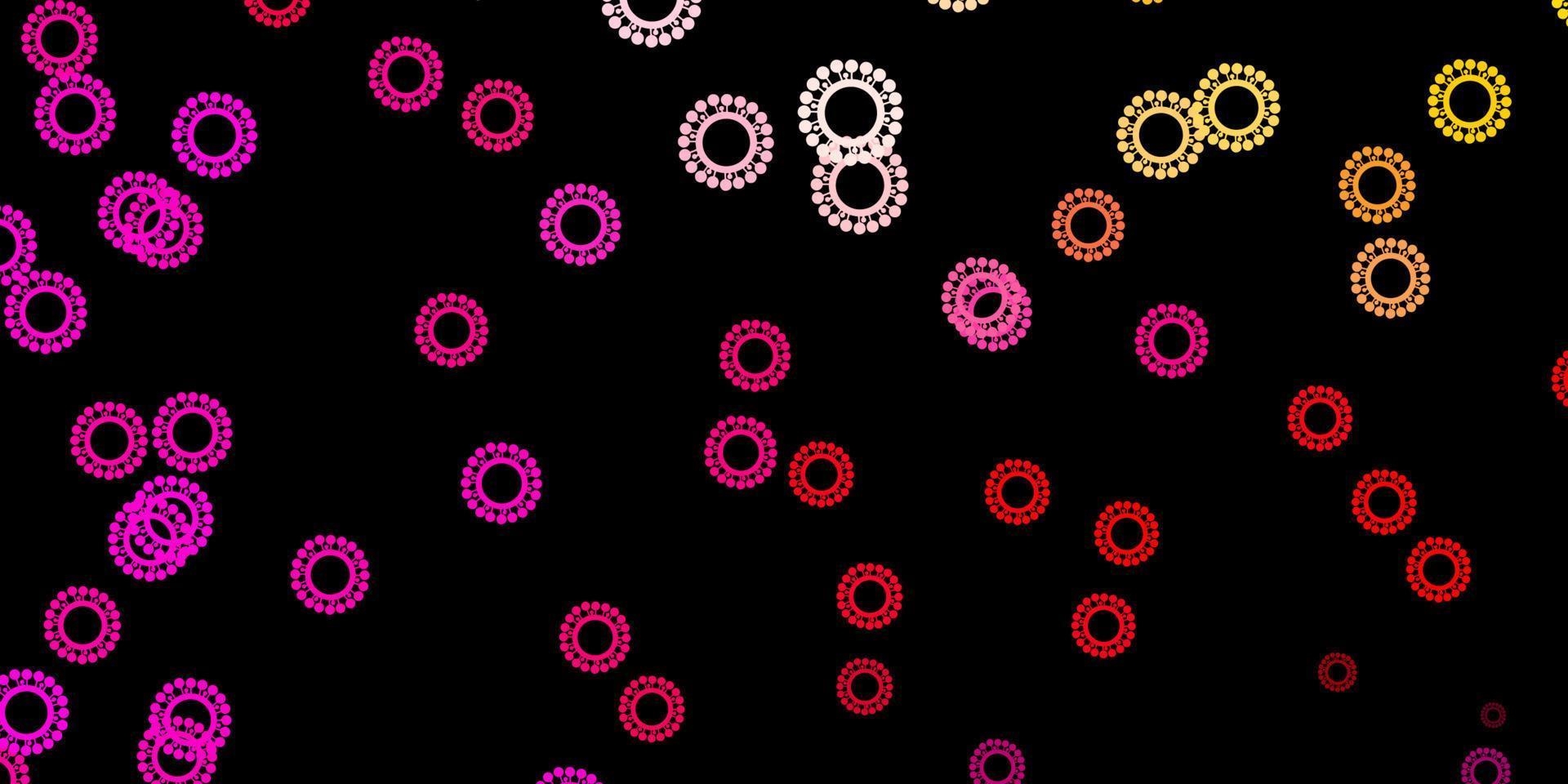 Dark pink, yellow vector background with covid-19 symbols.