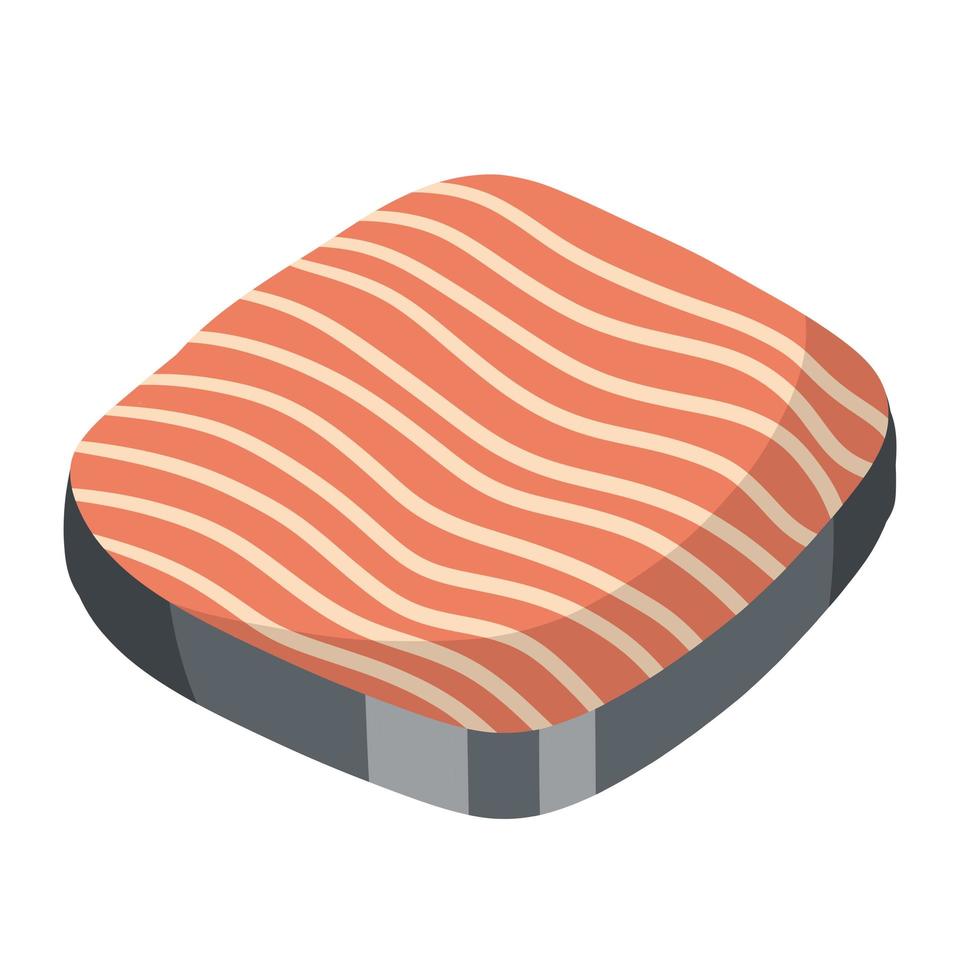 Piece of red salmon fish meat with pink stripe. Raw Seafood. vector