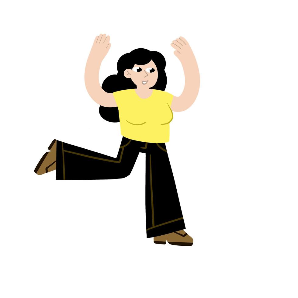 Woman runs. Hurrying character gestures. Flat cartoon illustration isolated on white. Happy Girl raised hands up vector