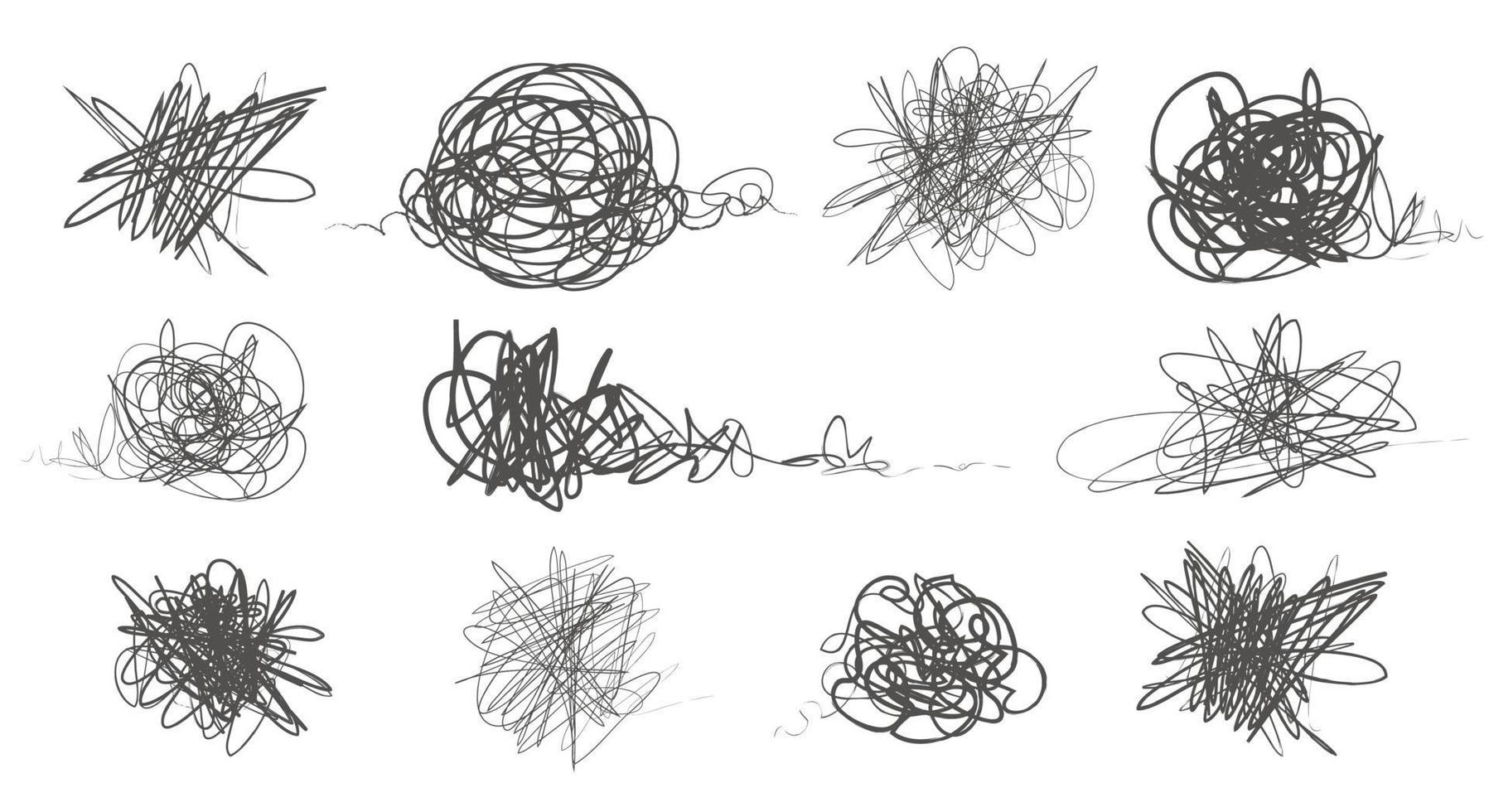 Tangled abstract scribble with hand drawn line set. Doodle elements. vector drawn tangles, lines, circles. Black line abstract scribble shape. tangled chaotic scribble drawing.