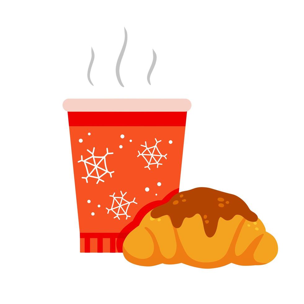 café caliente con croissant. vaso rojo de invierno con bebida y bollería. vector
