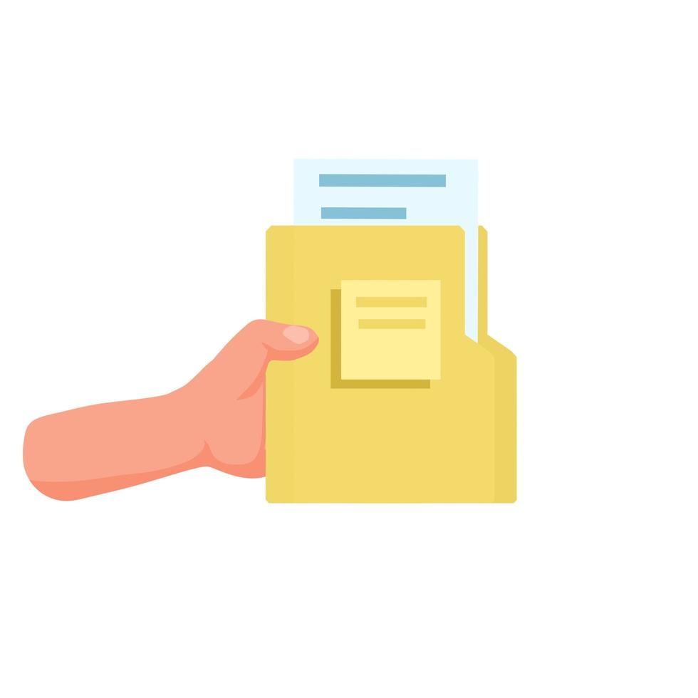 Hand hold file. Yellow folder with documents. Paper pages. vector