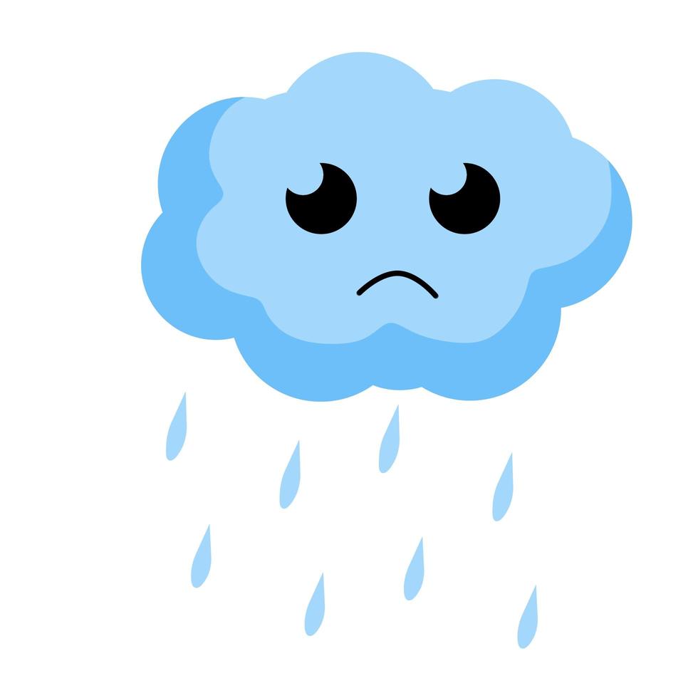 nube triste con lluvia. personaje kawaii. objeto azul del cielo. vector