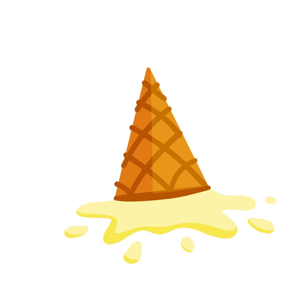 Melted ice cream in cone. Dessert fell to the ground. vector