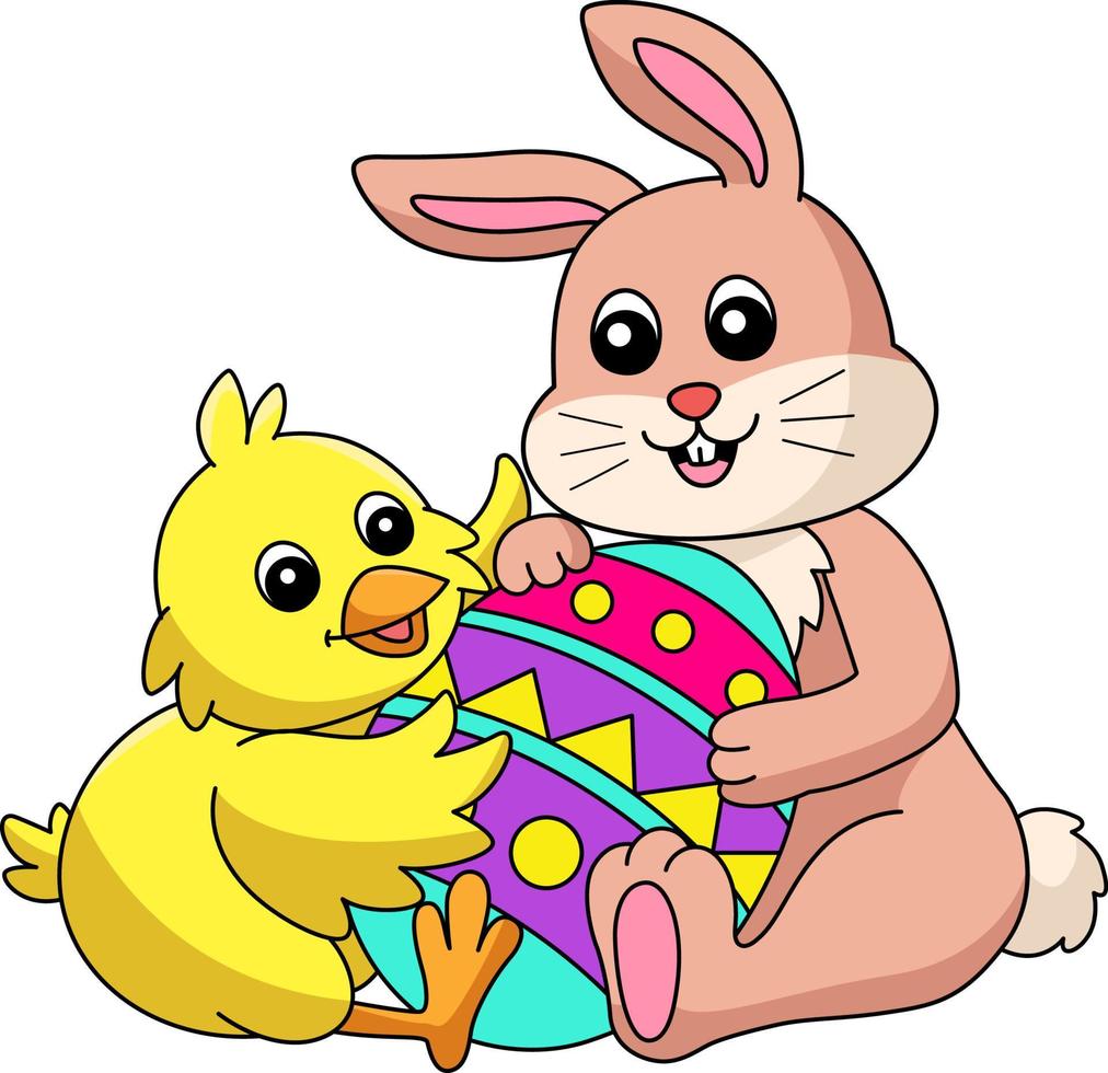 conejo y pollito abrazando ilustración de huevo de pascua vector