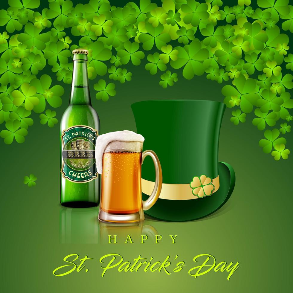 fondo de tarjeta de día de san patricio verde con sombrero y cerveza vector