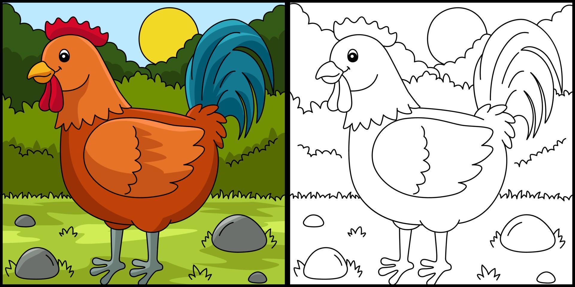 Rooster Coloring Page Colored Illustration vector