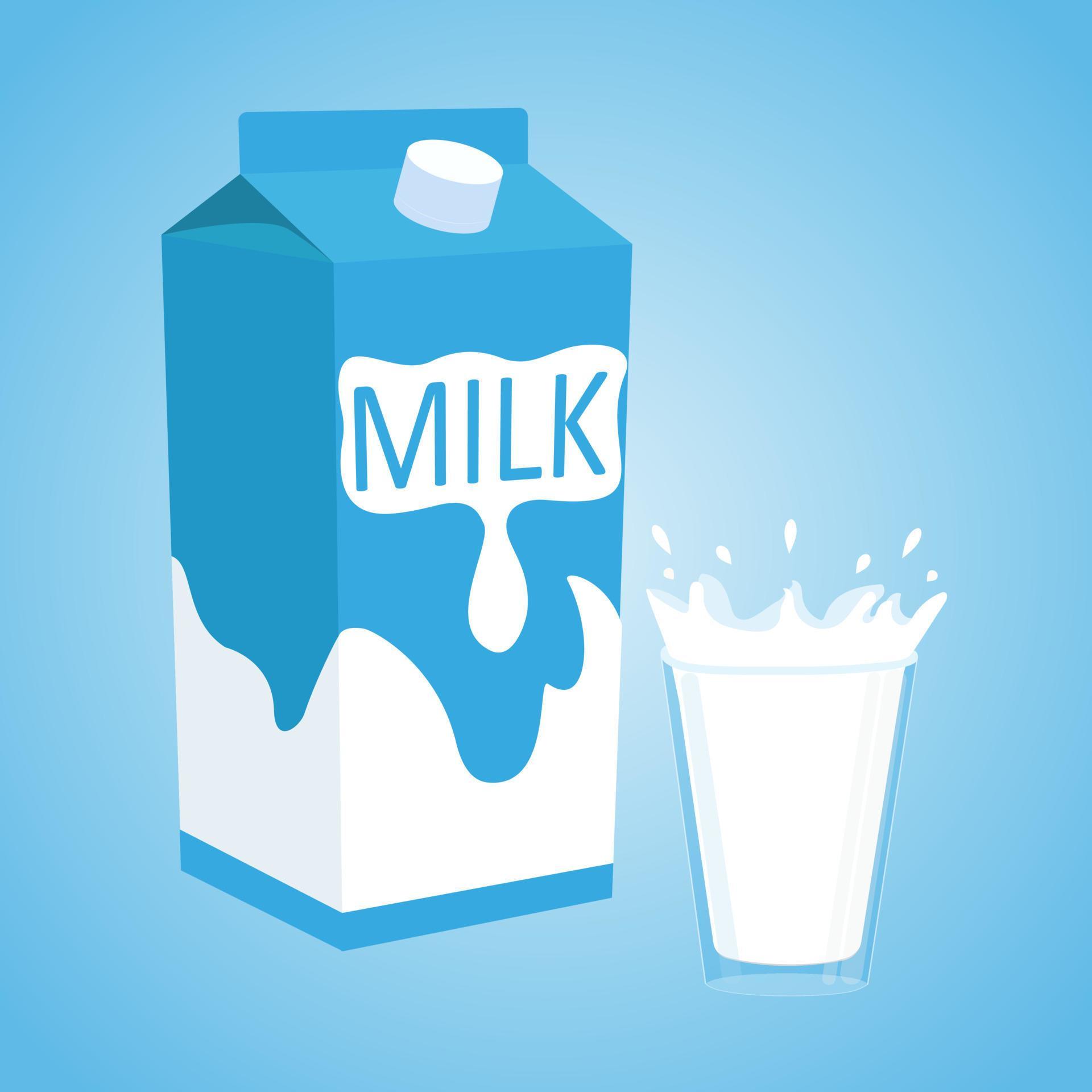 Bag and glass of milk on blue background. Vector cartoon illustration ...