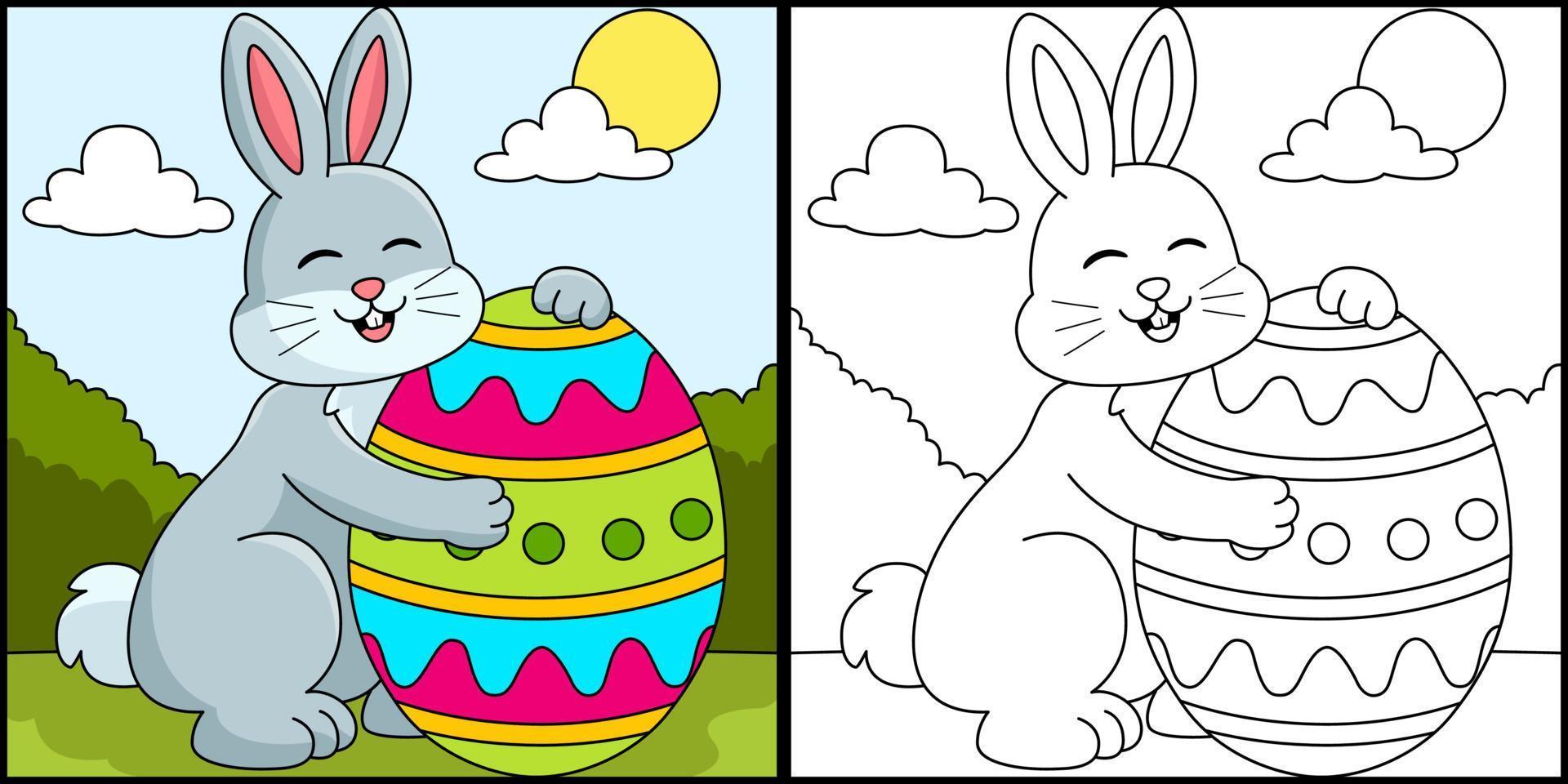 Rabbit Hugging Easter Egg Coloring Illustration vector