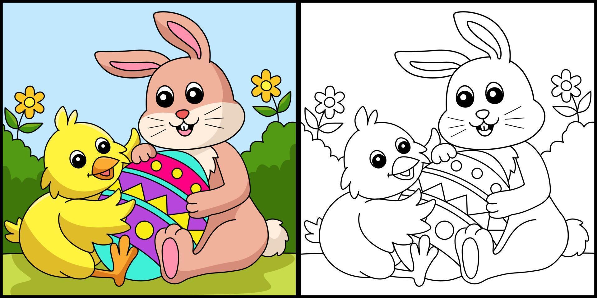 Rabbit And Chick Hugging Easter Egg Illustration vector