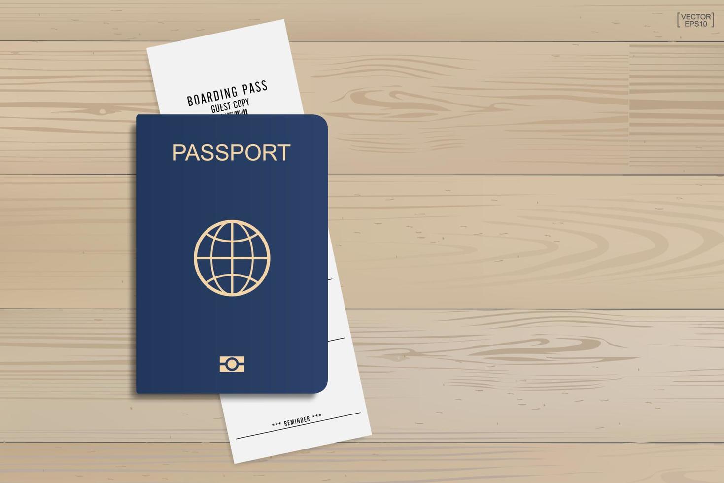 pasaporte y boleto de embarque sobre fondo de madera. vector. vector