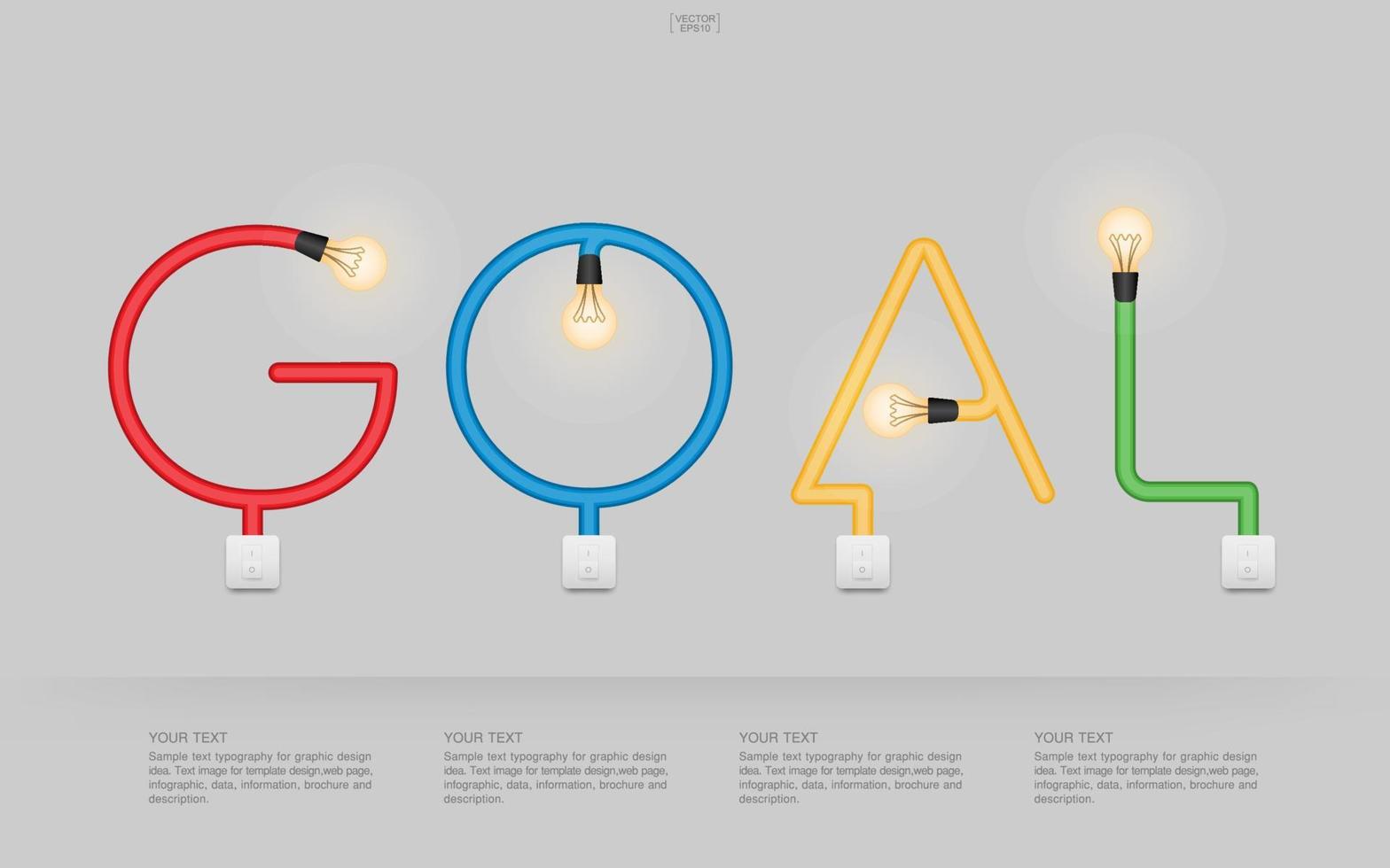 GOAL - Abstract linear alphabet of light bulb and light switch on gray background. Lamp and switch with area for infographic and text. Vector. vector