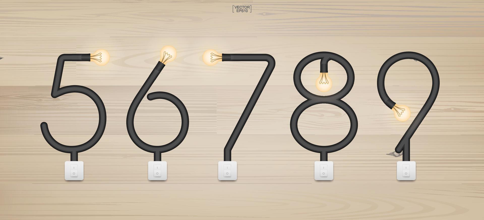 Set of loft alphabet and numbers. Abstract alphabet of light bulb and light switch on wood background. Vector. vector