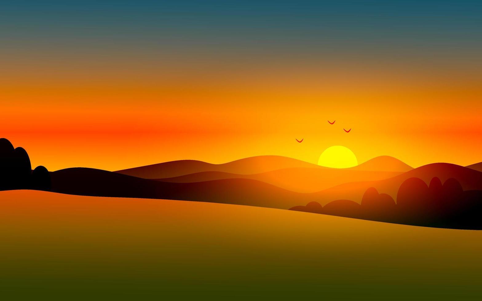 Flat illustration of sunrise or sunset with hills and meadow vector