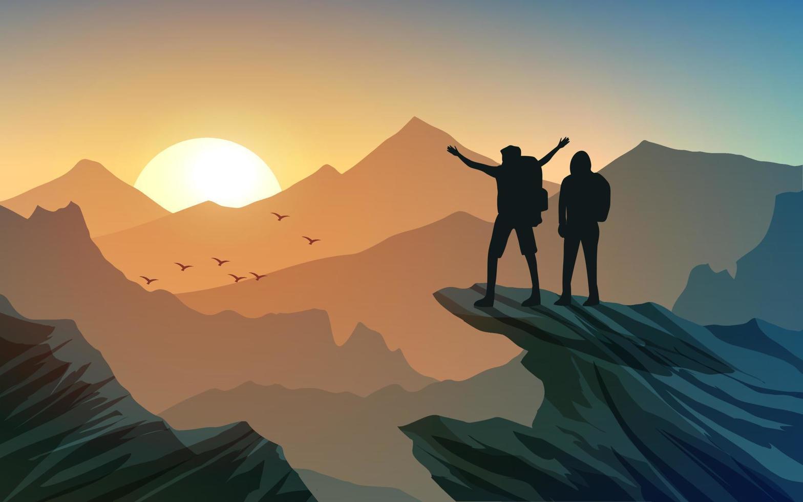 paisaje de montaña al atardecer con hombres vector