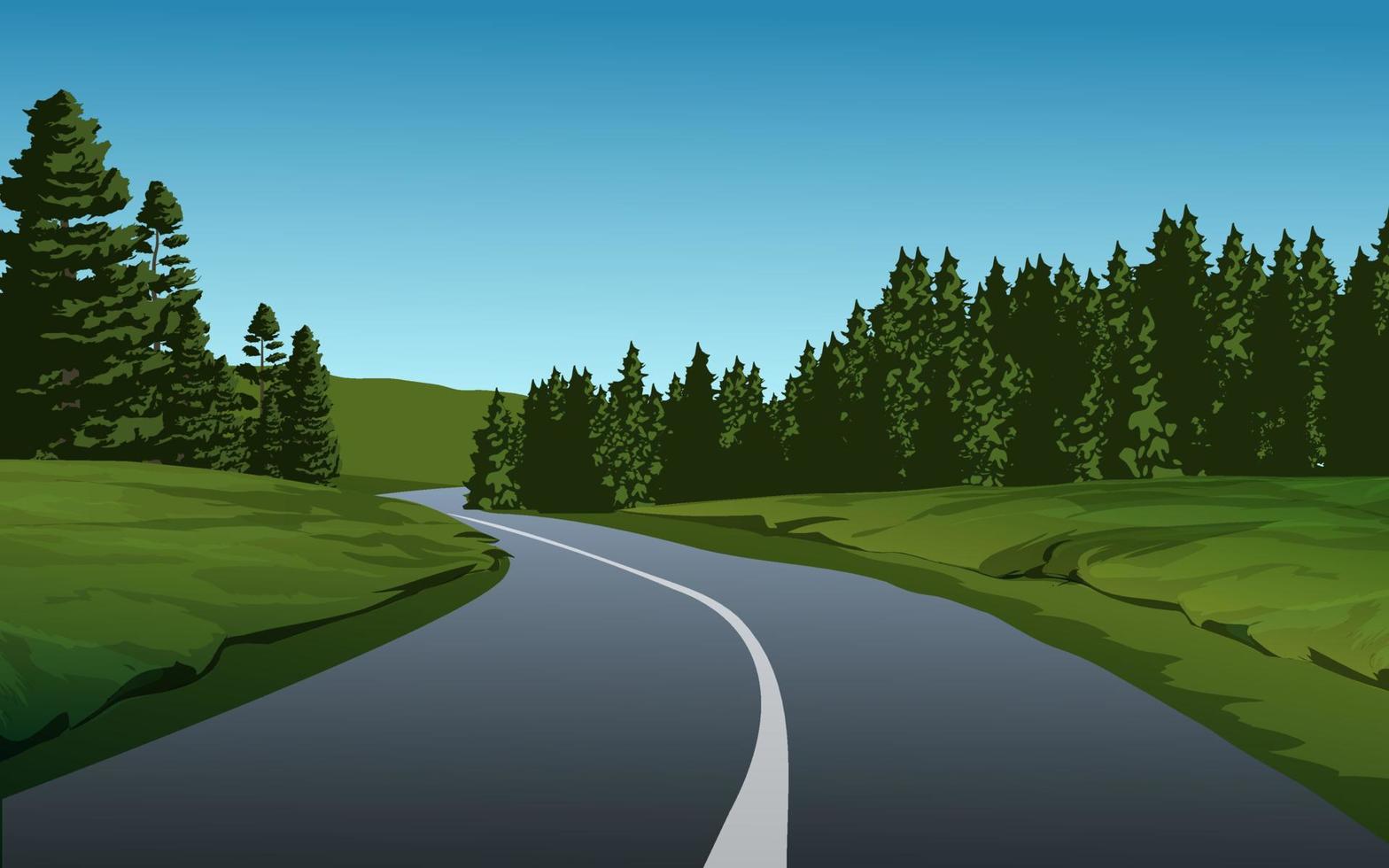 Road in sunny day by meadow and pine trees vector