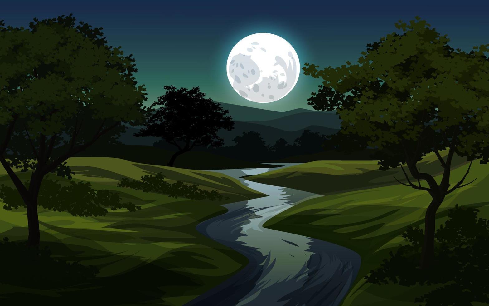 Vector illustration of creek and forest at night with bight full moon