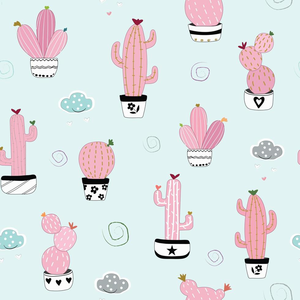 Cute pink cactus pot seamless pattern vector