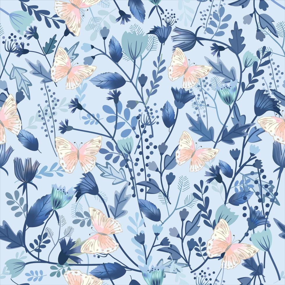 Pink butterfly and blue flower forest seamless pattern vector