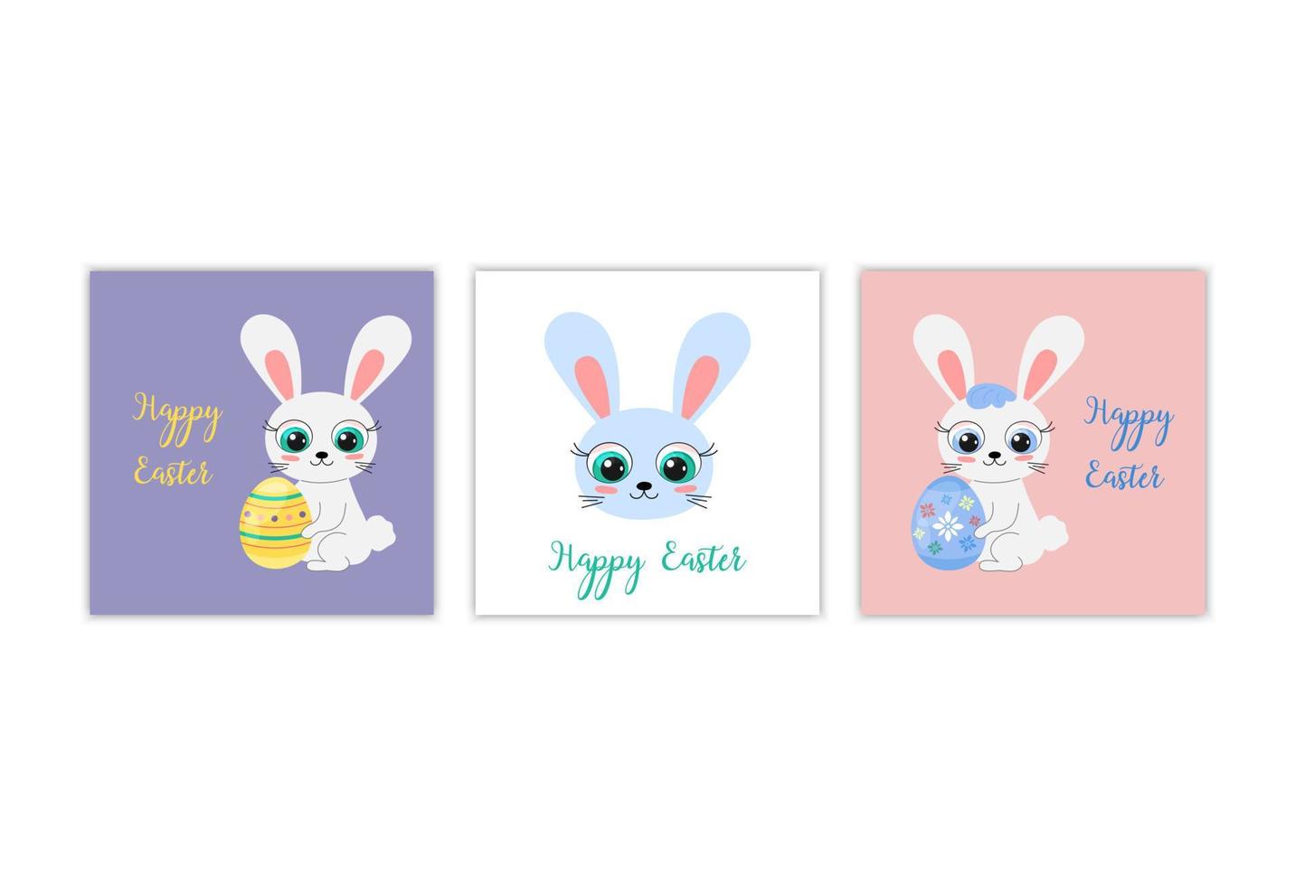 Happy Easter greeting cards set. Cute cartoon Bunny sitting and holding colorful dyed egg. Collection of square Easter cards. Vector flat illustration