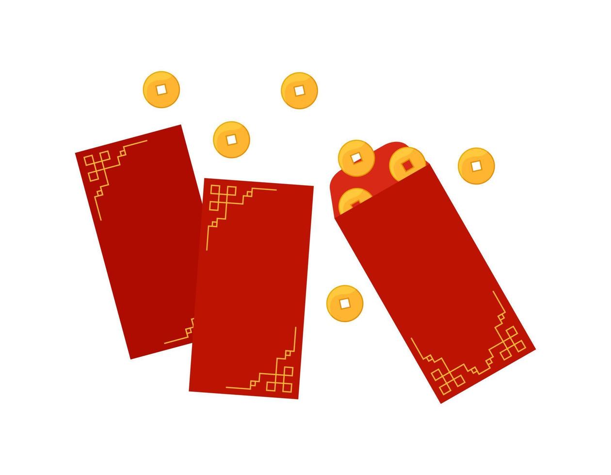 sobres rojos hongbao. regalo tradicional festivo chino con monedas, dinero para año nuevo, cumpleaños, boda y otras fiestas en china. ilustración plana vectorial vector