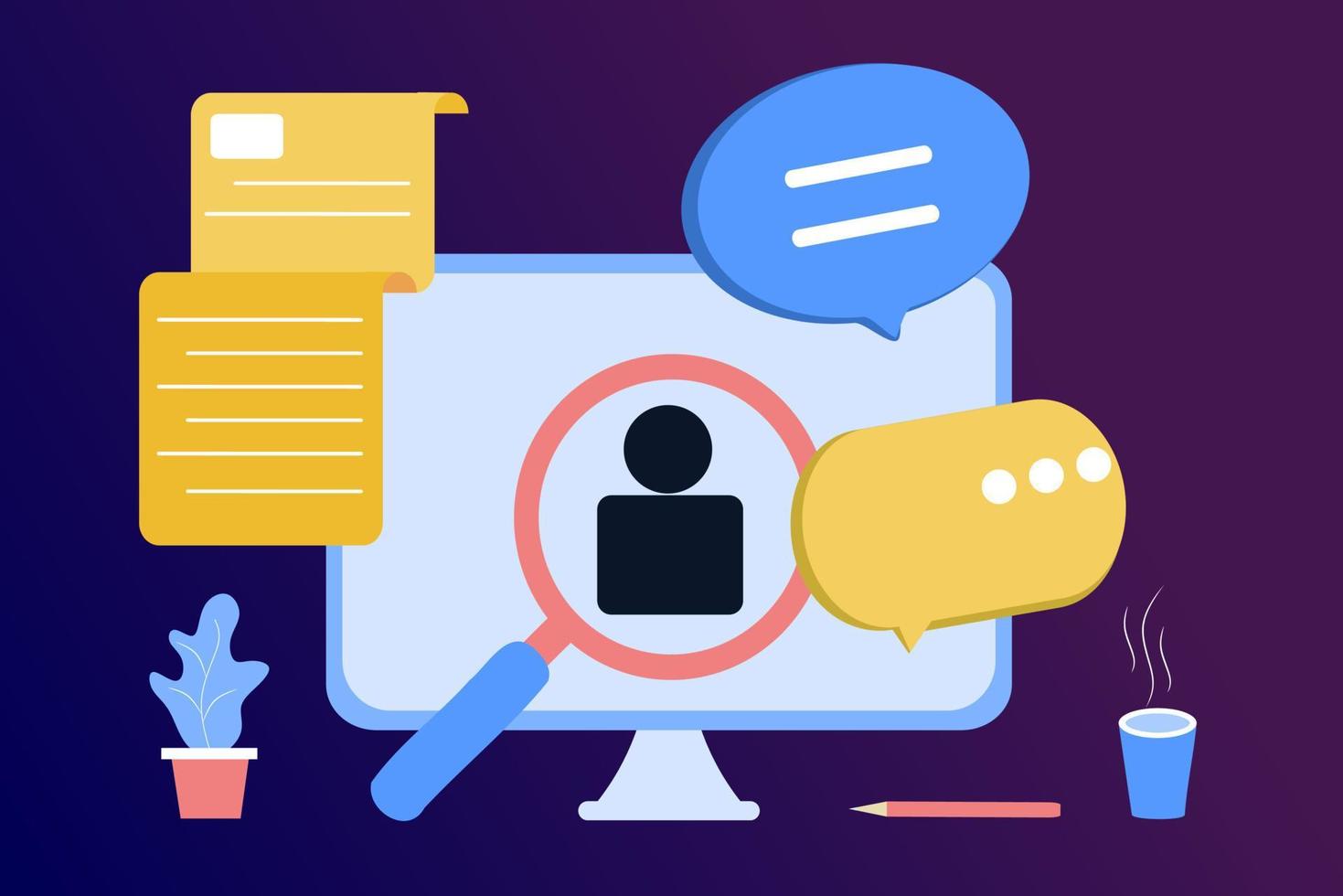 Online job interview, hiring employees, human resources, recruitment concept for web page, banner, presentation, social media. 3D vector illustration of people searching job, recruitment agency, cv.