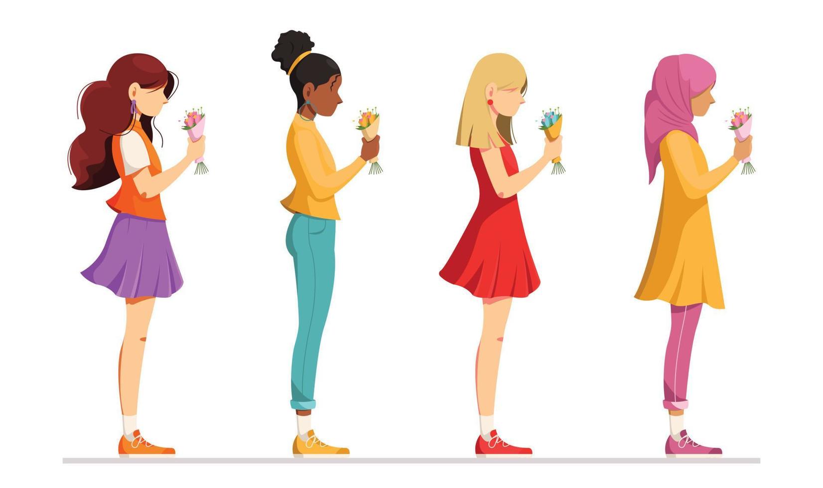 Vector illustration of different girls. International Women's Day. Womens day equality concept with diverse nationality female characters flat vector illustration